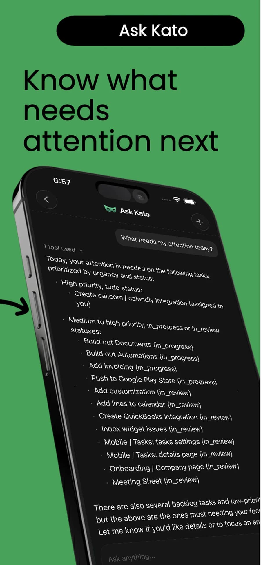 Ask Kato on iPhone answering what needs attention today with workspace tasks