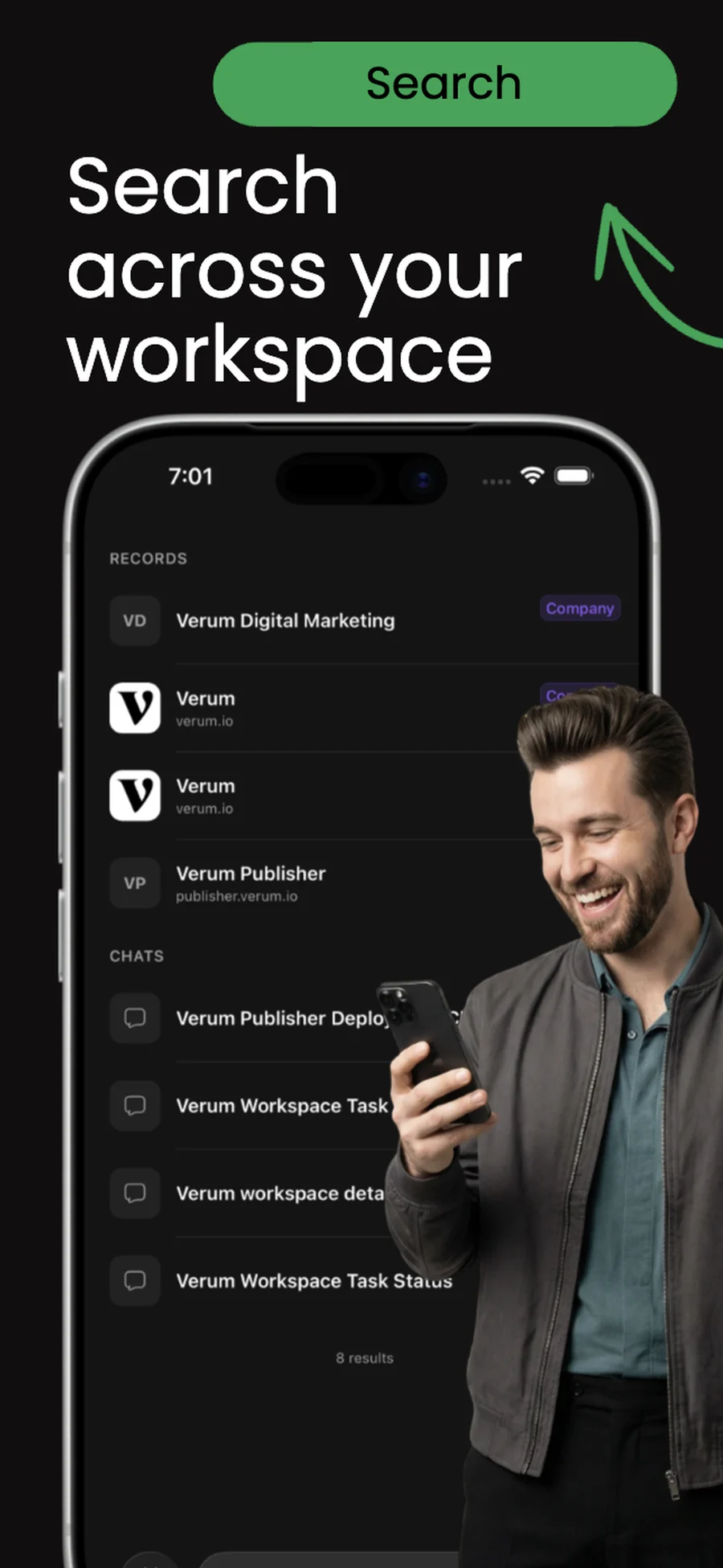 Kato Search on iPhone showing matching company records and workspace chats