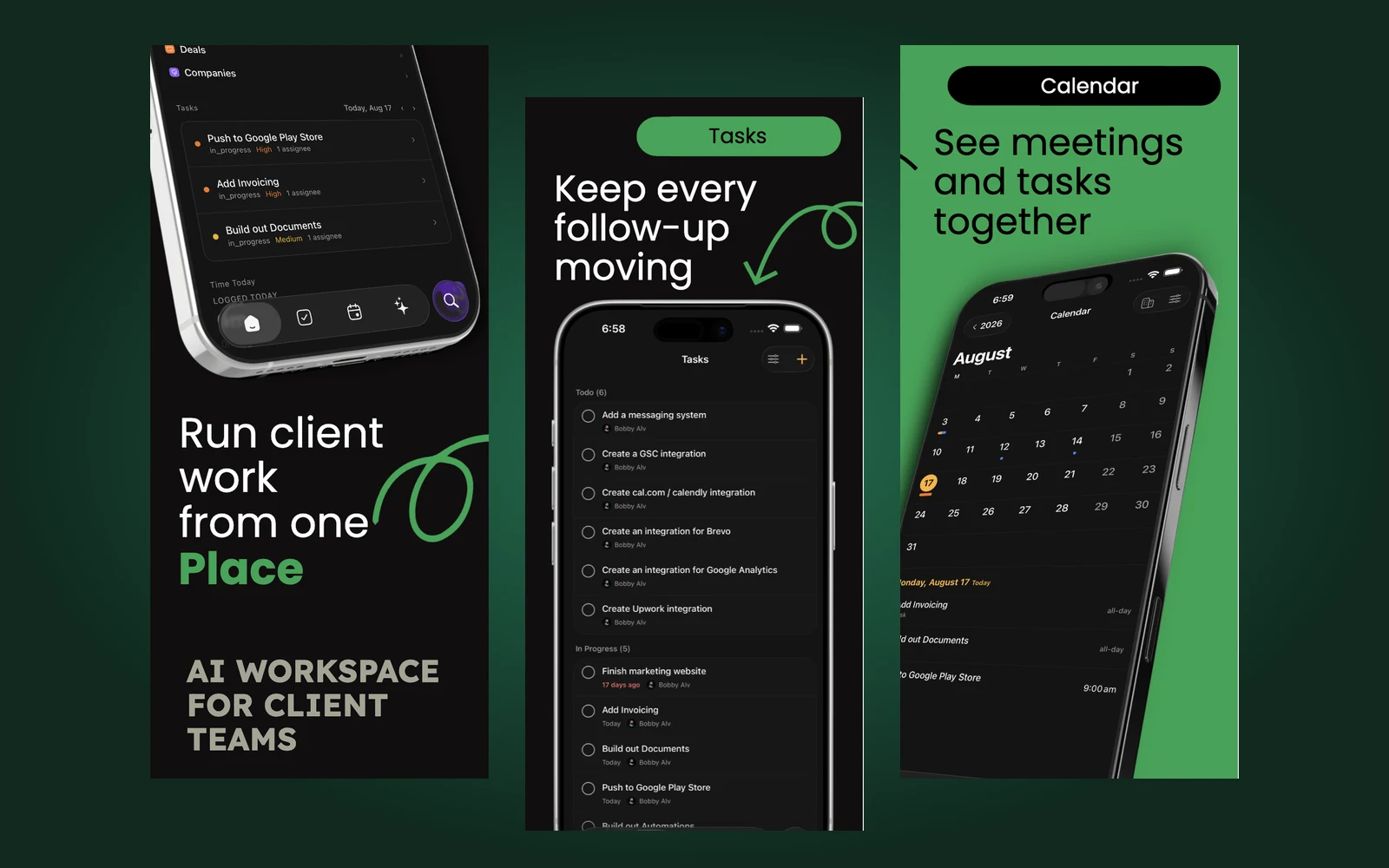 Kato for iOS showing client work, tasks, and calendar in three App Store launch panels