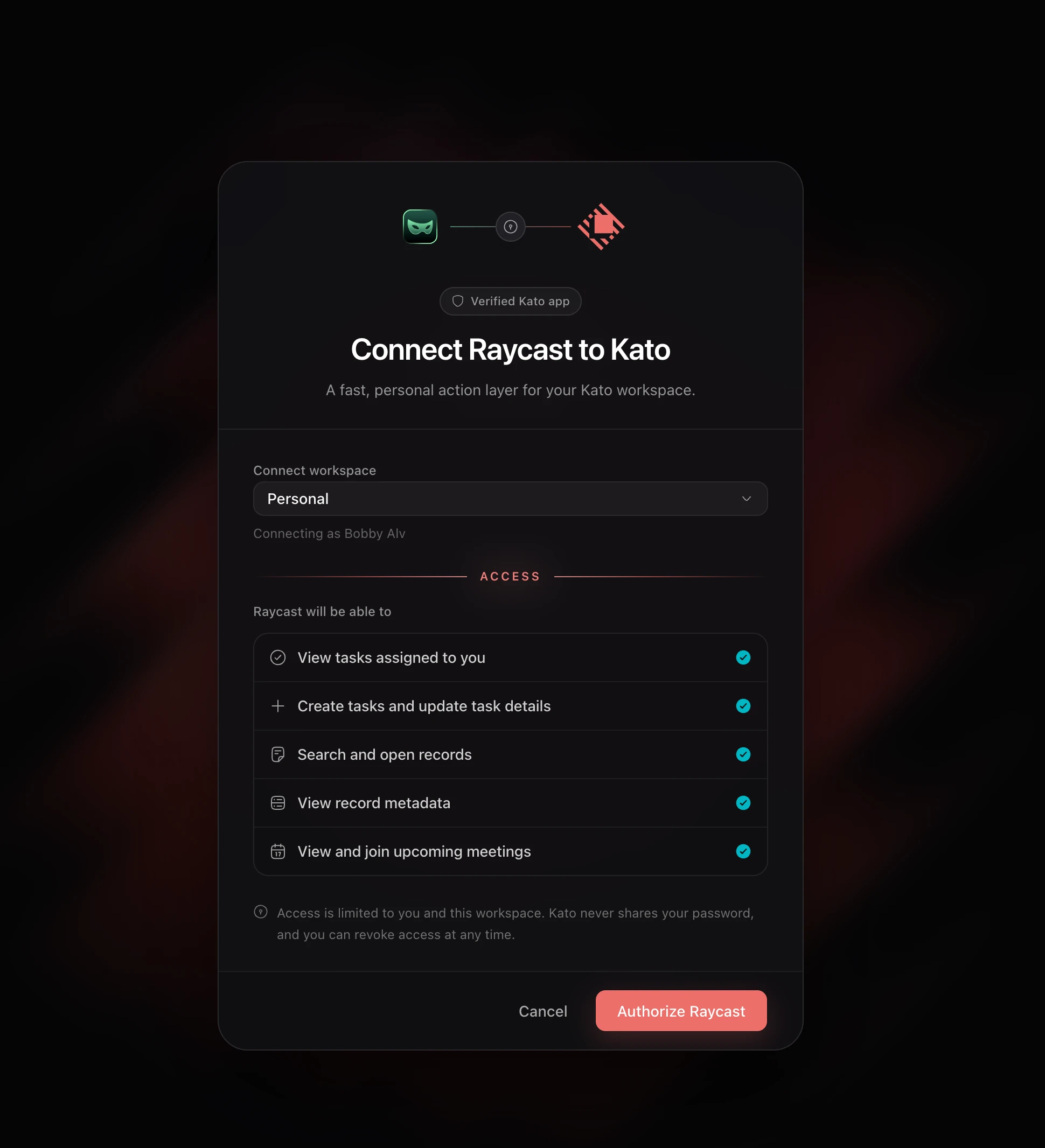 Kato OAuth authorization screen connecting a workspace to Raycast