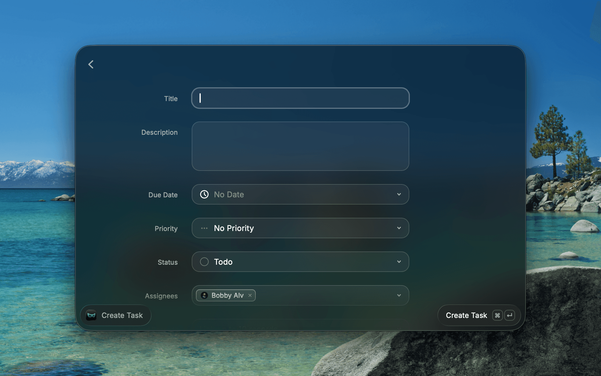 Kato Create Task form in Raycast with title, description, due date, priority, status, and assignee fields