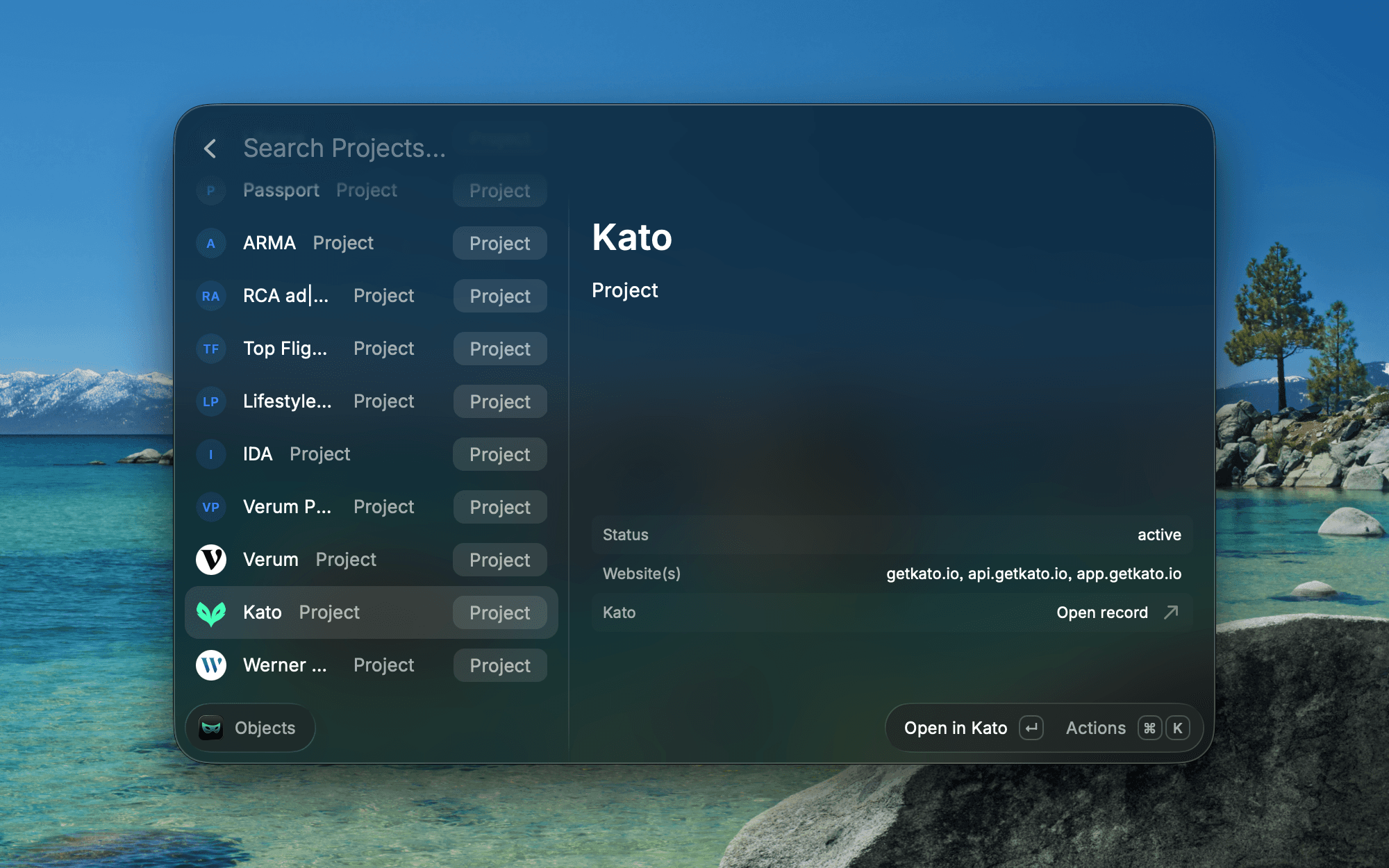 Raycast Objects command with a list of Kato projects and the selected project’s status and websites
